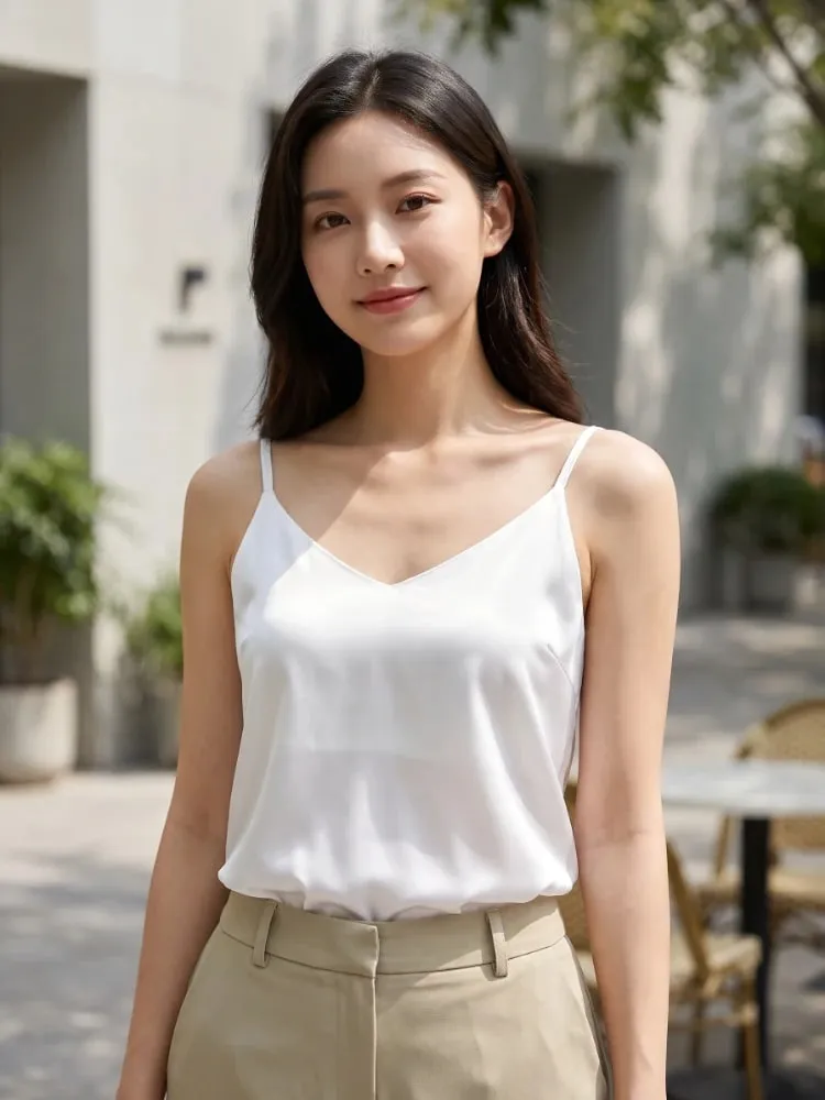 2026 Summer Spaghetti Strap Dame Tank Top Halter V-hals Basic White Cami Ærmeløse satin silkeoverdele Dame Camisole — image 7