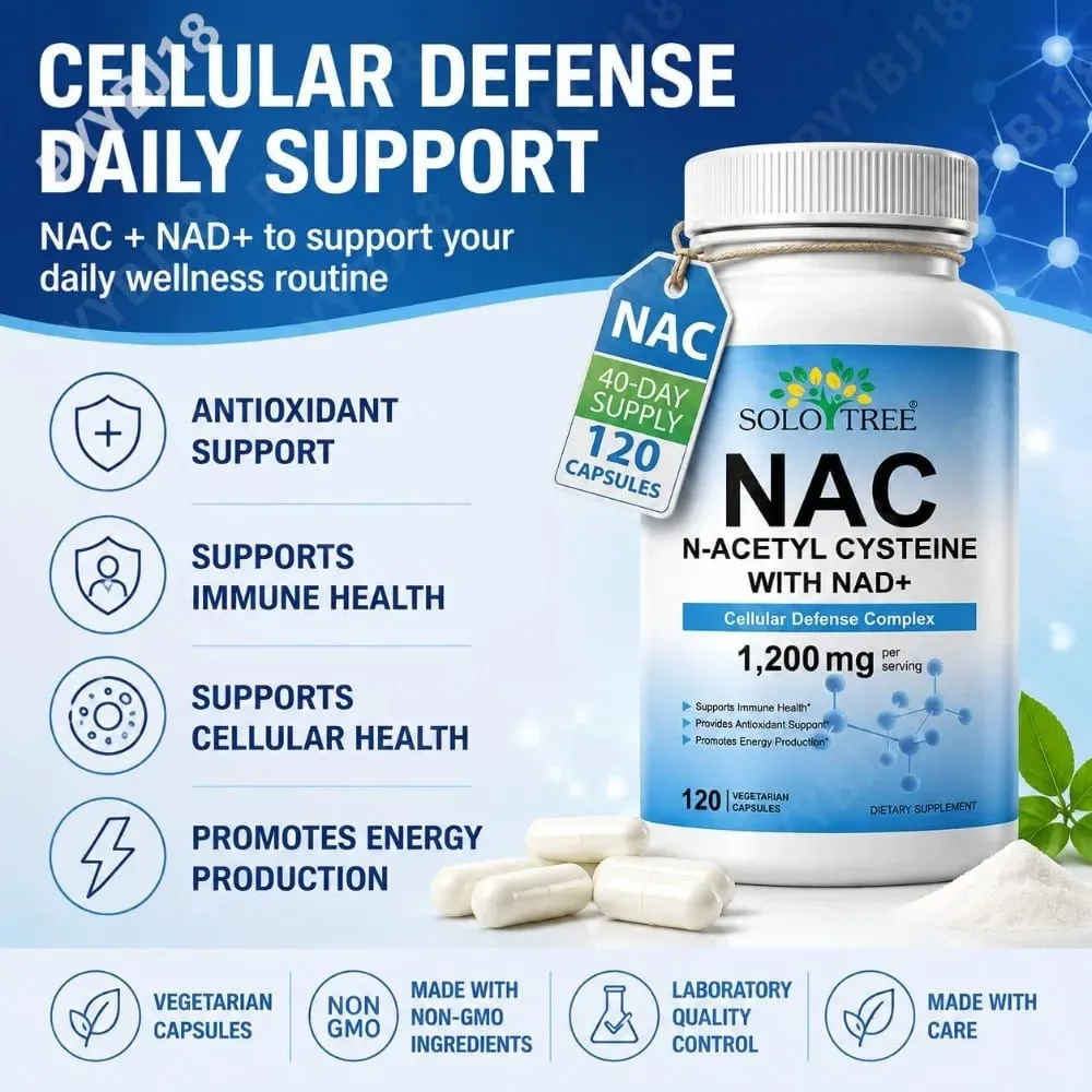NAC 1150 مجم NAD + 50 مجم كبسولات مجمع الدفاع الخلوي لمضادات الأكسدة لدعم الصحة المناعية وإنتاج الطاقة غير المعدلة وراثيًا 120 قيراط — image 2