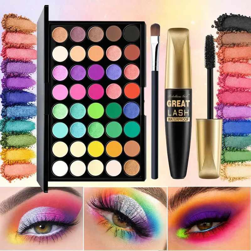 3pcs Set Solek untuk 40 Warna Palet Pembayang Mata Pelangi+Maskara Hitam dengan 1pc Berus 3 Dalam 1 Kit Solek Untuk Pesta Harian Harian — image 8