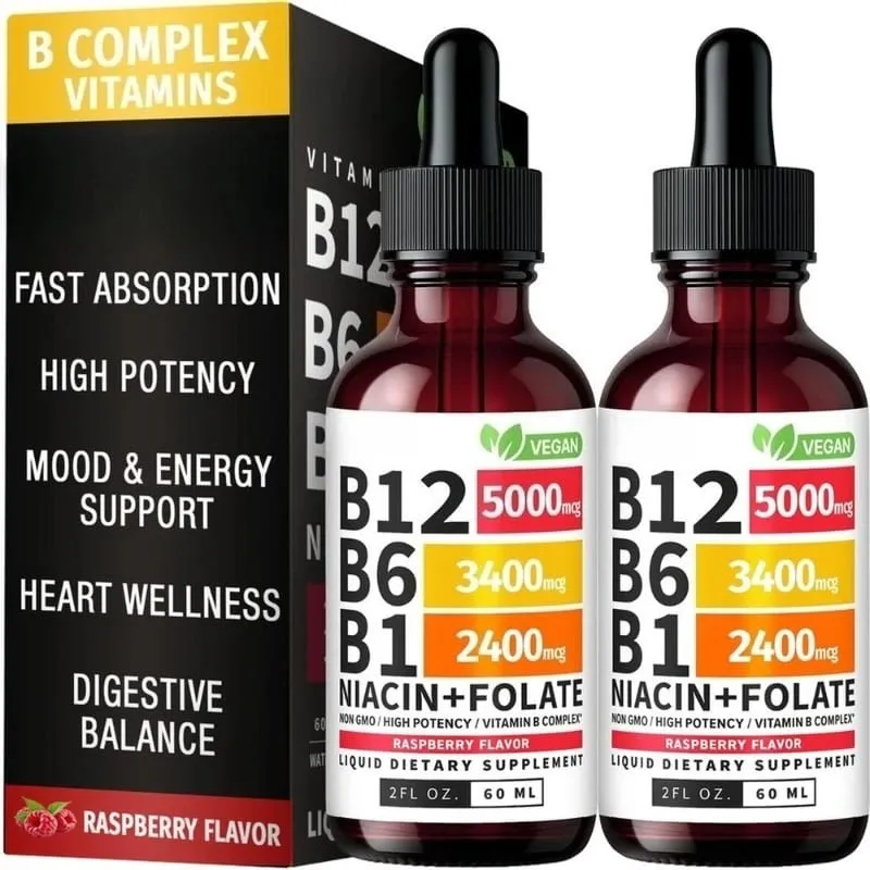 B12 B6 B1 Niacine Folate Liquide Sublingual Vegan B-Complex Gouttes pour l'énergie quotidienne et le soutien de la concentration Framboise pour hommes femmes 60 ML