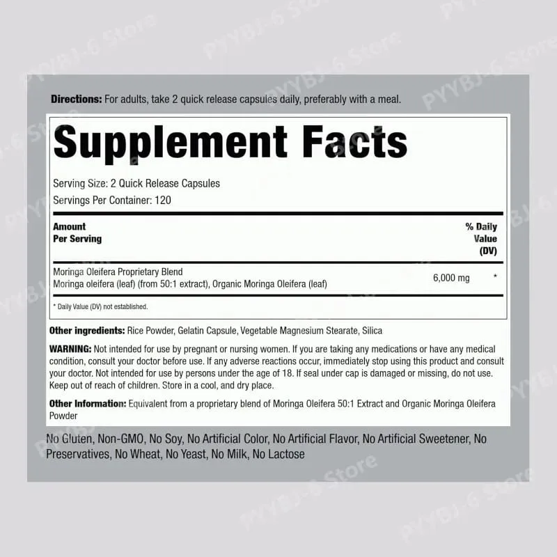Moringa Oleifera-Ergänzungsmittel, 6000 mg konzentrierter Blattextrakt, unterstützt die allgemeine Gesundheit und das Wohlbefinden, gentechnikfrei, 240 Kapseln für Erwachsene