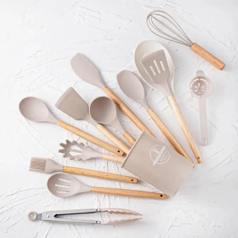 Ensemble d'ustensiles en silicone 14 pièces avec support en plastique