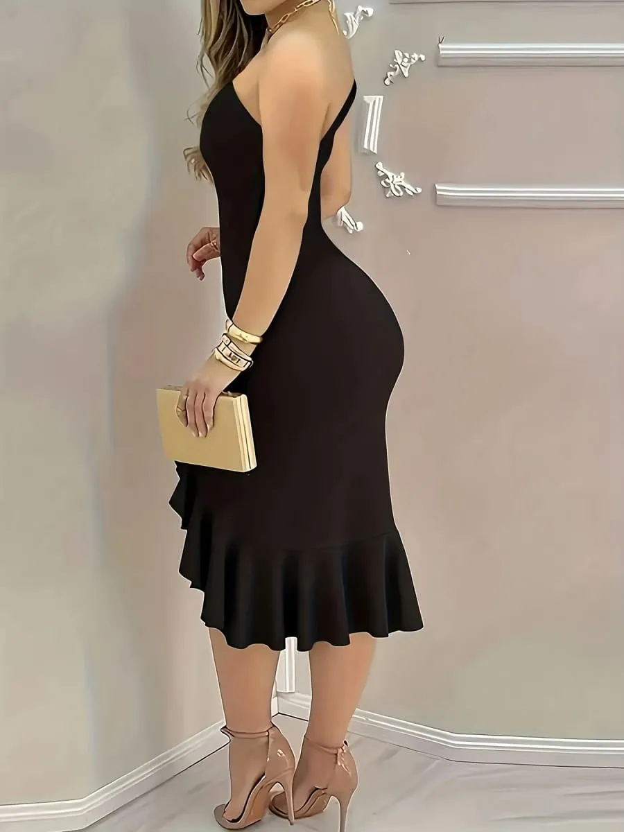 Robe asymétrique sans manches, dos nu, avec ourlet asymétrique, avec détails à volants, jupe asymétrique dénudée, printemps et été — image 2