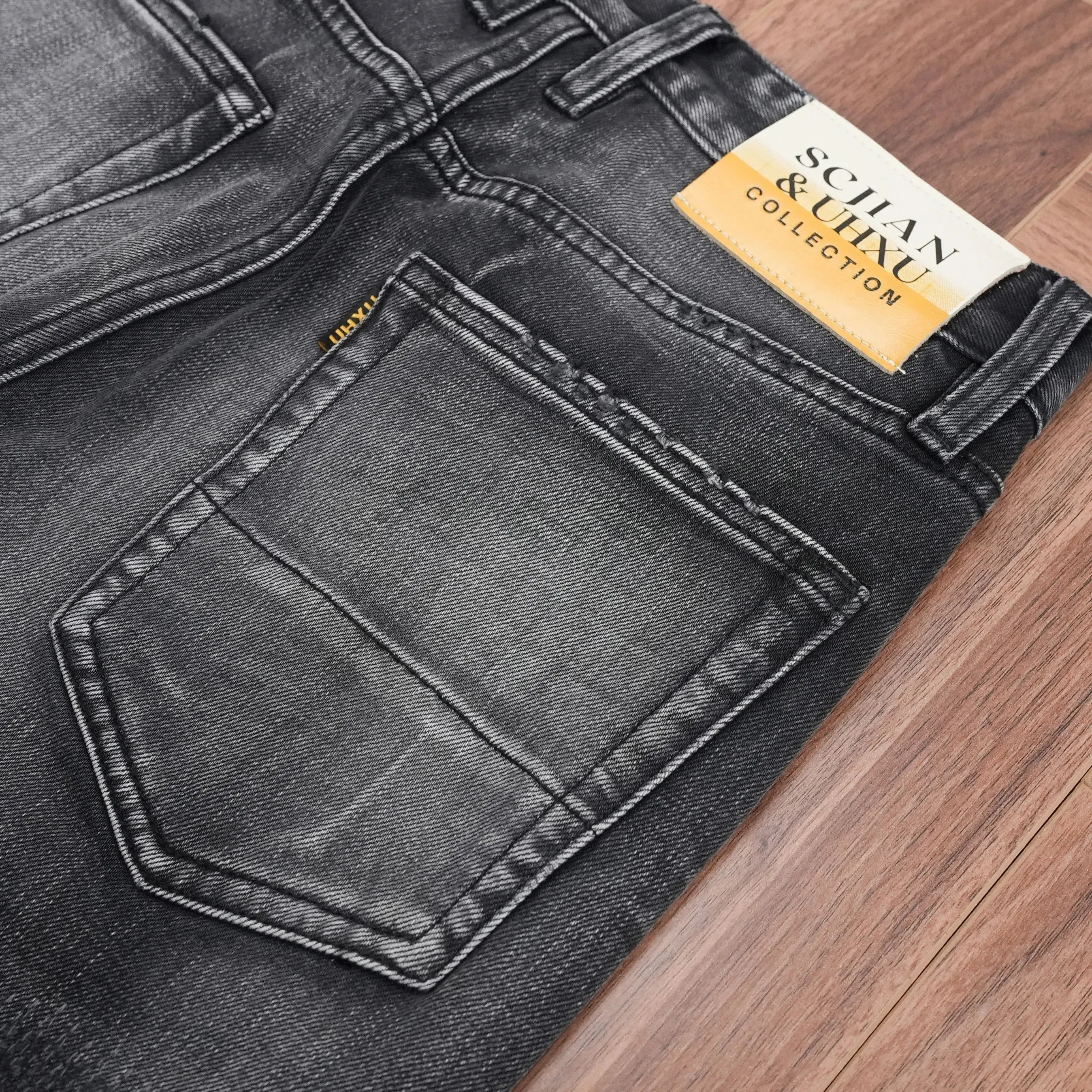 Bahar Yıkanmış Siyah Gri Denim Kot Erkekler için Yırtık Delik Sıkıntılı Tasarım Düzenli Düz Bacak Rahat Trendy Rahat Pantolon — image 6