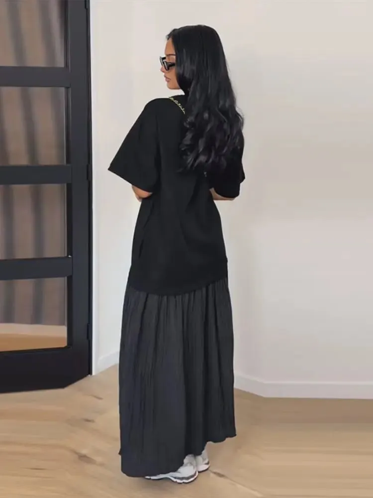Patchwork z krótkim rękawem długa, obszerna sukienka damska elegancka, dekolt w kształcie litery "o", plisowana luźna impreza wieczorowa suknie letnia w stylu Casual, damska Vestidos — image 3