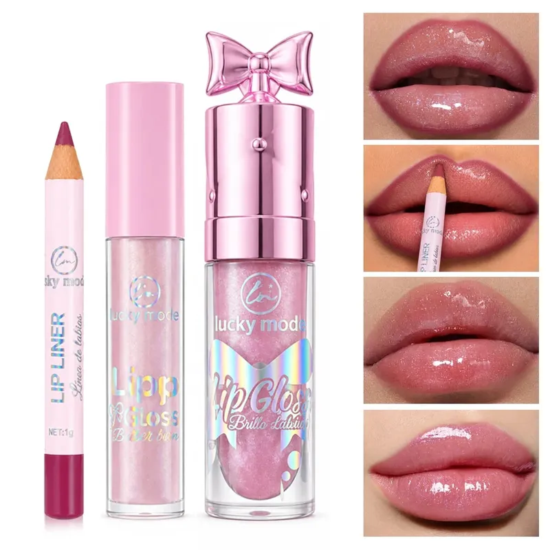 Kit Solekan Bibir Model Bertuah Pensel Pelapik Bibir&Set Penggilap Bibir Berkilau Pelembap Kilauan Bibir Kilauan Bibir Pakai Panjang Pen Garis Bibir