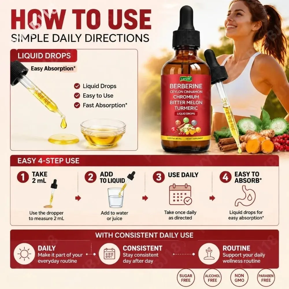 Berbérine Gouttes Liquides Chrome & Cannelle de Ceylan Soutient la Vitalité Bien-être Métabolique Santé Digestive Sans Sucre Sans OGM 60 ml — image 5