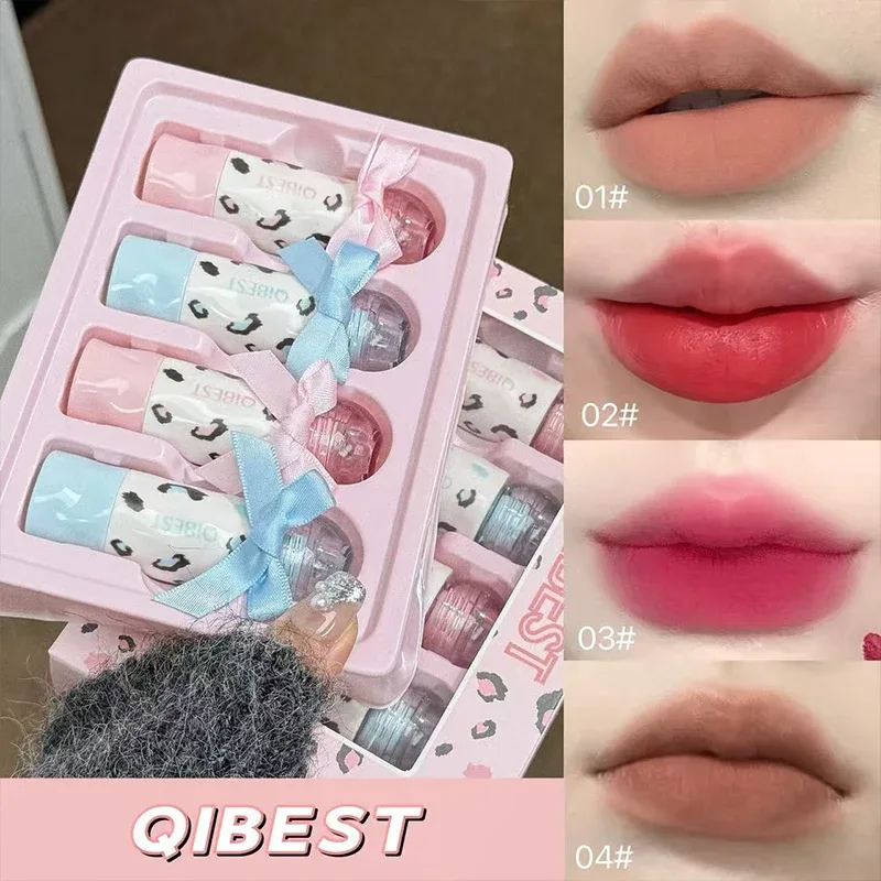 4 สี Matte Liquid ลิปสติกชุดกันน้ำ Long Lasting เซ็กซี่สีแดง Lipgloss สีน้ำตาลสีส้ม Lip Stain Tint เครื่องสำอางค์ชุด