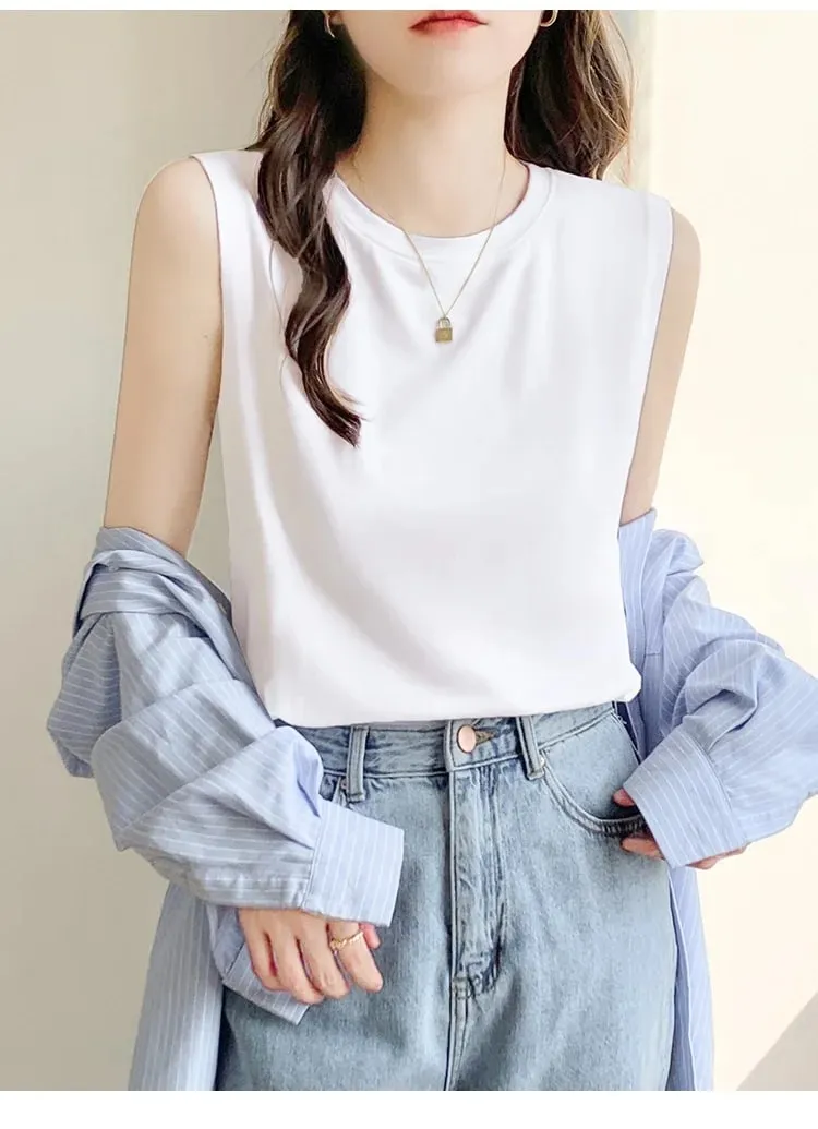 Simple Cotton Sleeveless Tank Top for Women—Classic Loose-Fitting Casual Base Layer Summer Round-Neck Base Layer T-Shirt Brea — image 4