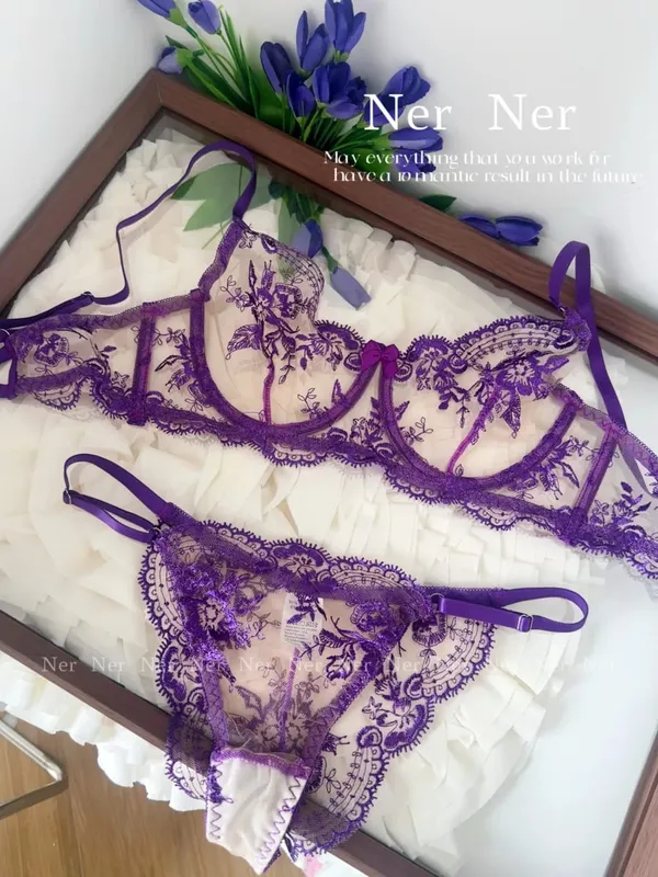 Französischer Stil Mesh-Stickerei-Spitzen-BH-Set mit Bügel, leicht transparenter dünner Dessous-Minimizer-BH für große Büste S-XL
