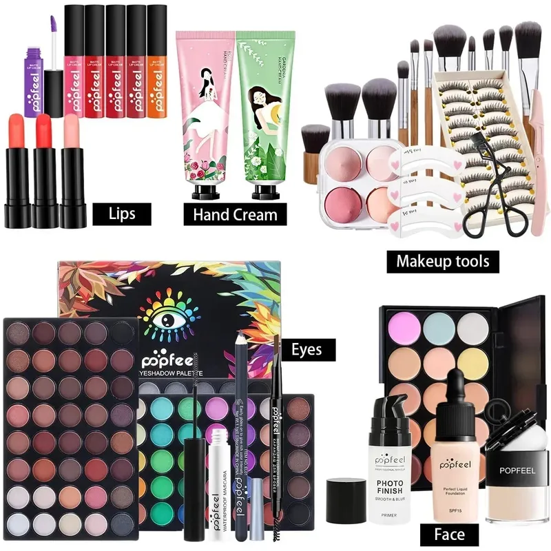 Dárková sada na make-up All-in-One s paletou očních stínů Foundation Lip Gloss štětce na oční linky a další kosmetické dárky
