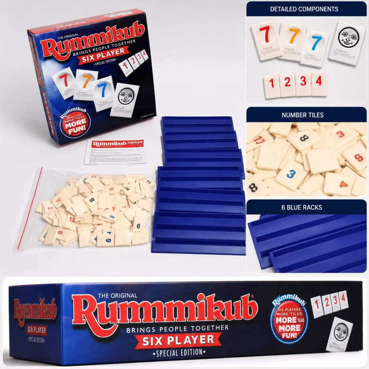 Rummikub เกมกระดานกลยุทธ์สำหรับผู้เล่นหกคนพร้อม Blue Racks Number Logic Family Party เวอร์ชันภาษาอังกฤษ — image 3