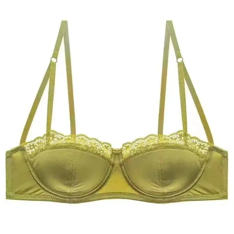 Conjunto de sutiã meia xícara de cetim sexy com anel de aço fino e confortável suporte superior borda de renda verde lingerie brilhante para mulheres — image 8