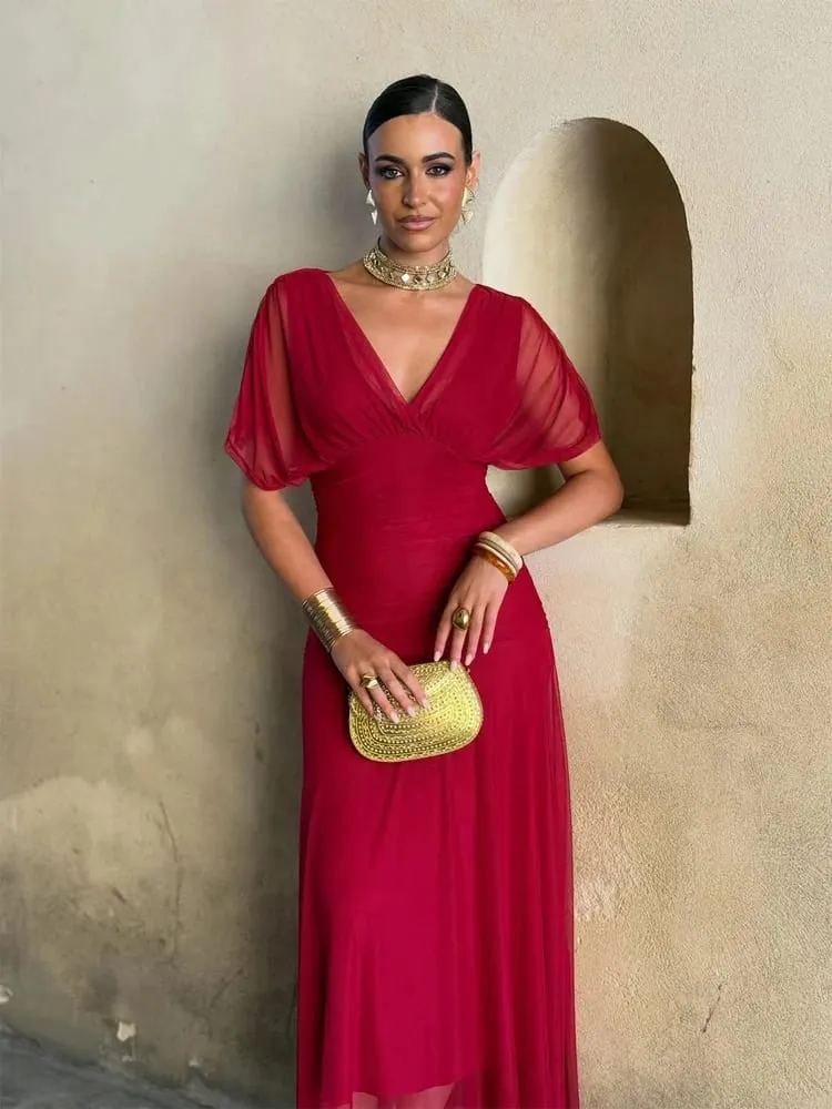 ผู้หญิงลึก V คอตาข่ายยาวชุดพัฟแขนสั้น Ruched เอวสูง Vestidos 2026 ฤดูร้อน Lady Casual street Robe — image 7