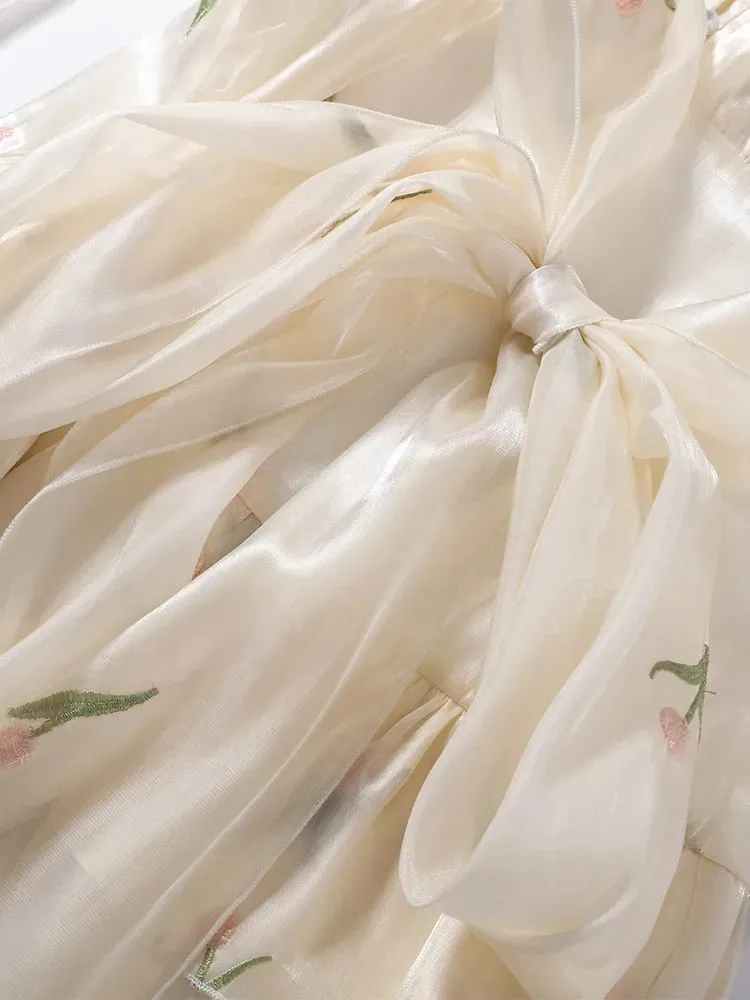 2026 Musim Bunga Musim Panas Bersulam Bunga Sifon Balutan Tali Pinggang Kerut-kerut Mini Dress Leher V Tipis Wanita Feminin Romantik Date Vestido — image 7