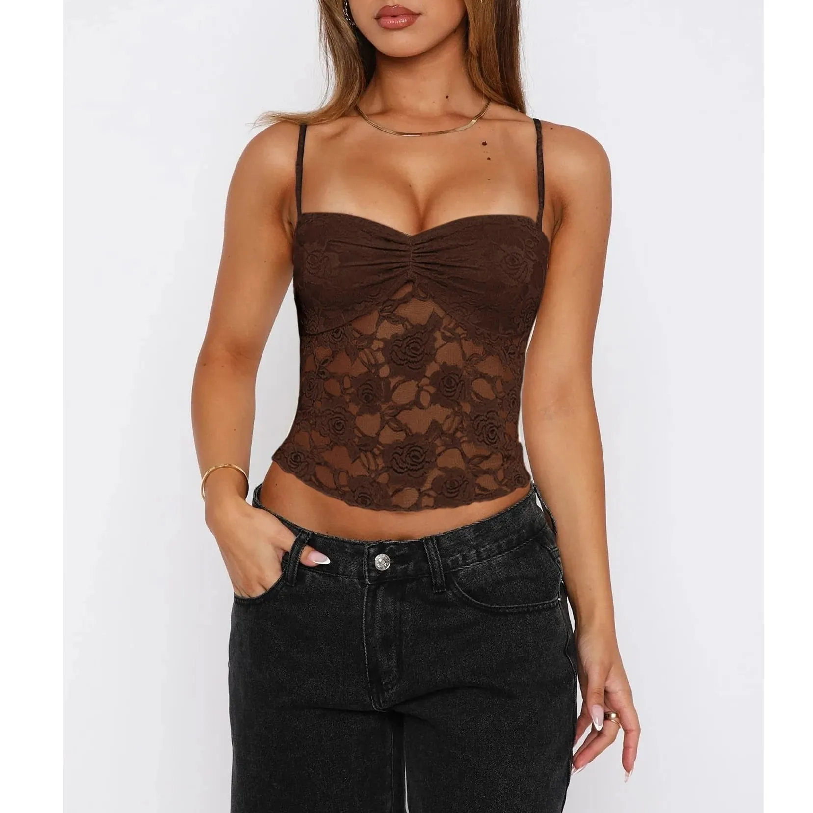 Haut caraco en dentelle d'été pour femmes, sans manches, froncé sur le devant, couleur unie, débardeur Slim Fit