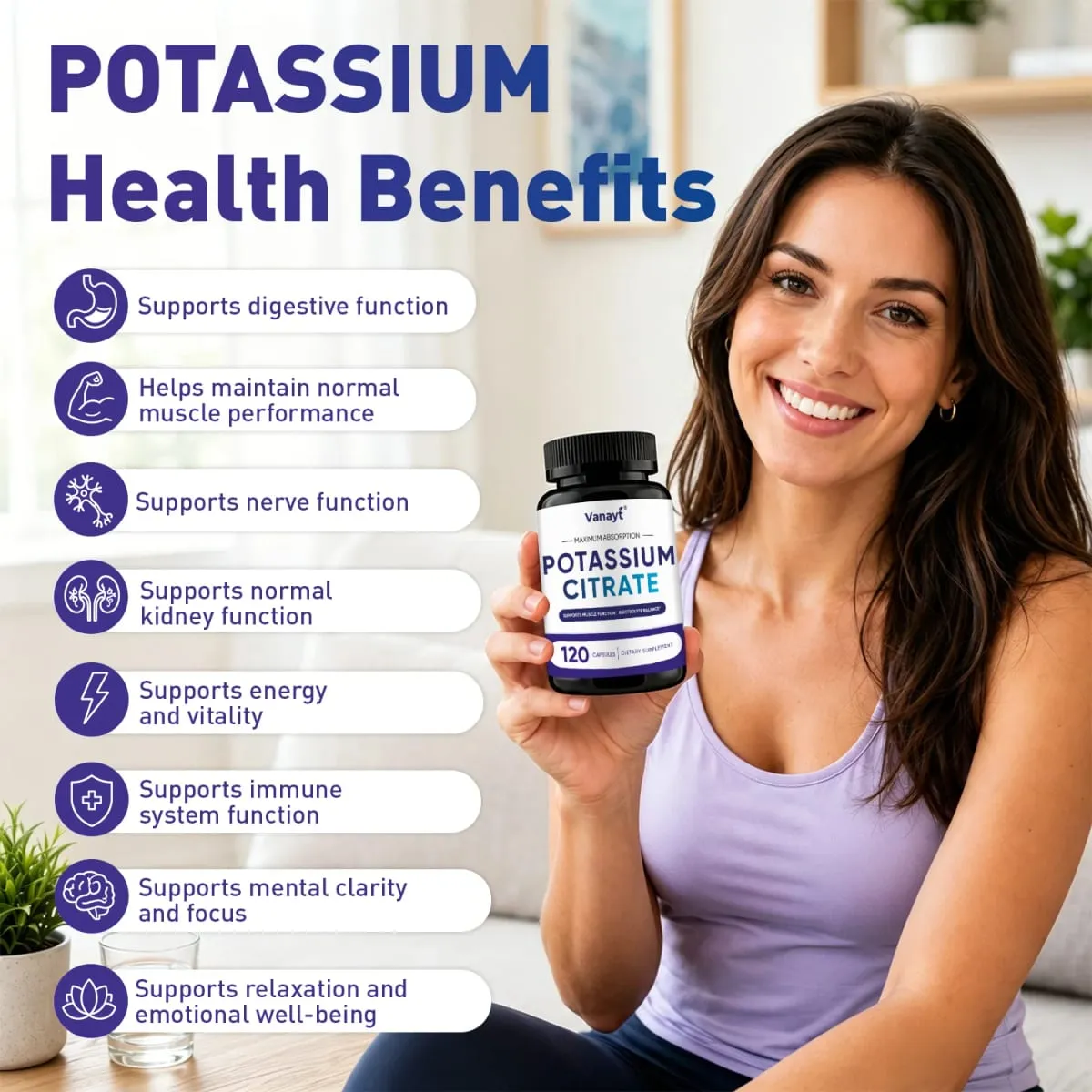 Potassium Citrate - Maintain Electrolyte Balance Support Muscle Bone Blood Vessel and Heart Health - 120 Capsules — image 3