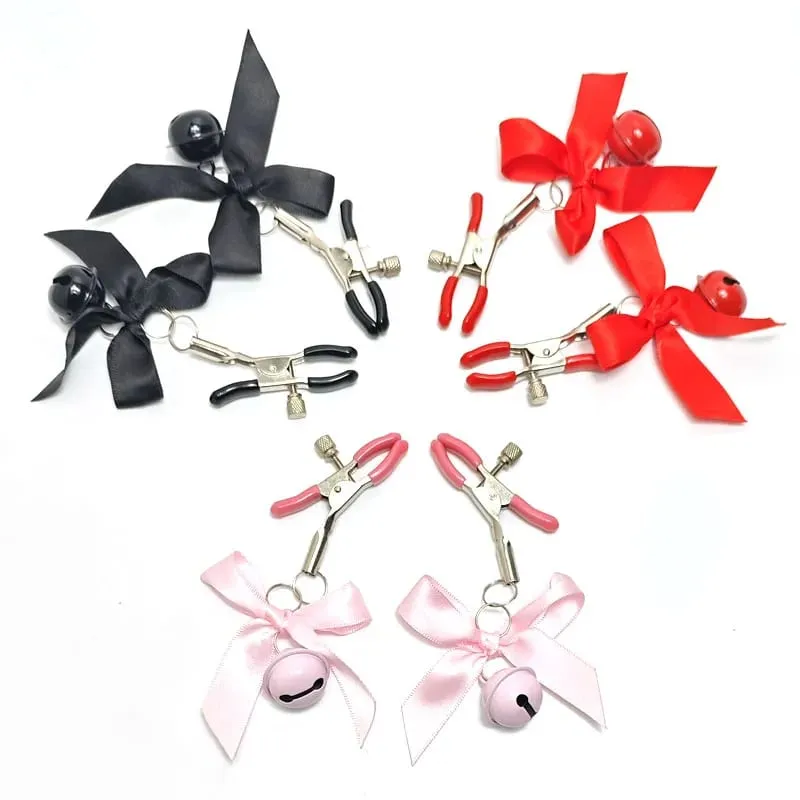 Pinces à tétons en métal pour femmes, 1 paire, petite cloche avec nœud papillon, Stimulation du sein, accessoires exotiques, boule de cheveux de Bondage, jouets sexuels Sexy pour femmes — image 1