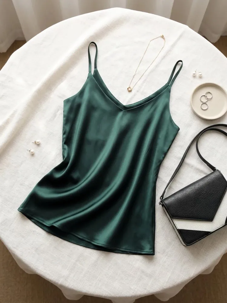 2026 Summer Spaghetti Strap Dame Tank Top Halter V-hals Basic White Cami Ærmeløse satin silkeoverdele Dame Camisole — image 6