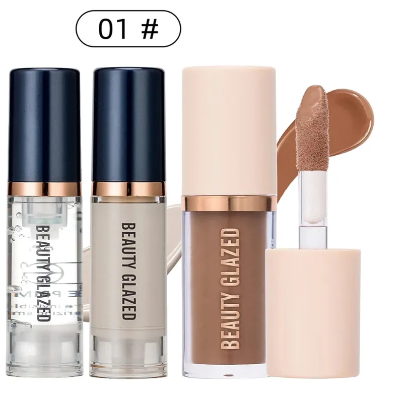 3 stk Ansigtsmakeup Sæt Flydende Foundation+Primer+ Liquid Contour Naturlig Vægtløs Langtidsholdbar Smudgeproof Bronzer