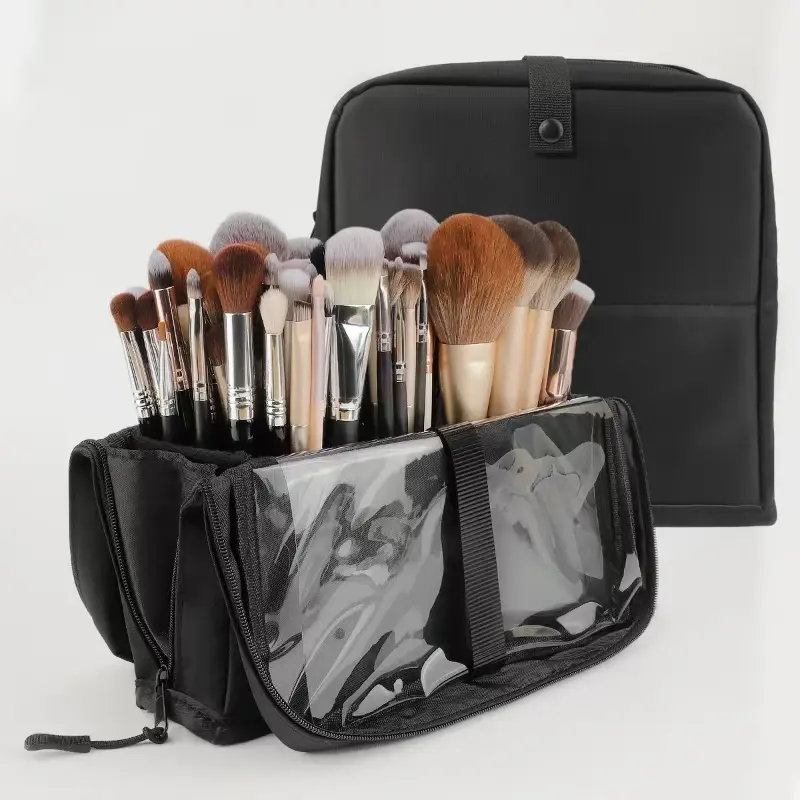 Große schwarze faltbare Make-up-Tasche mit 14–40 Löchern, Aufbewahrungsorganisator für Schönheitspinsel, Kosmetiktasche mit Griffen — image 1