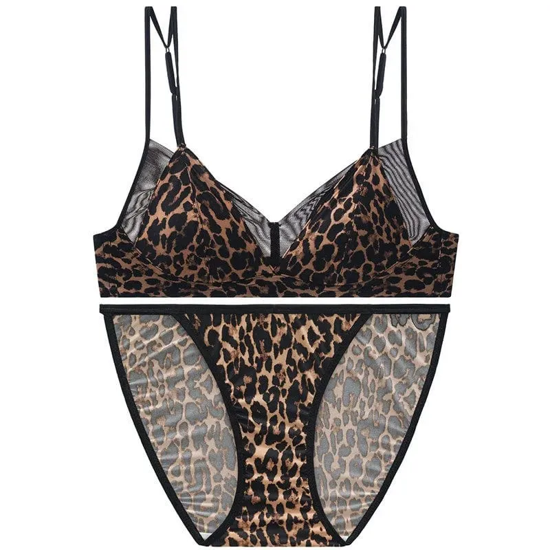流行豹紋胸罩套裝無鋼圈軟墊小胸提拉法式簡約女士日常內衣 32A-38BC — image 11