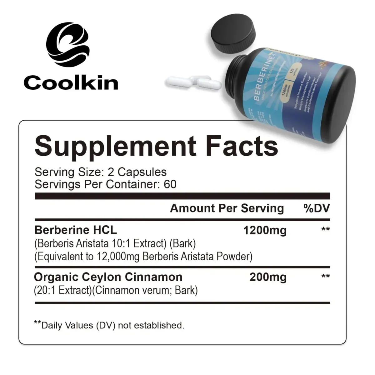 Premium Berberine HCl 1200 Mg Plus Organic Ceylon Cinnamon - Immune System Support Weight Management Supplement — image 2