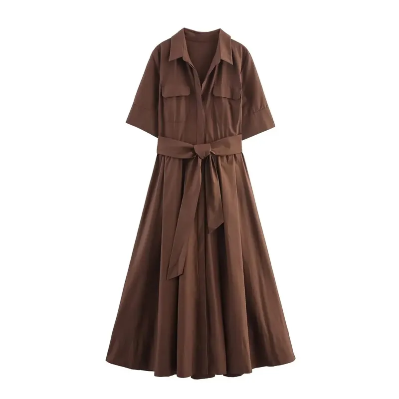 HH femmes été revers manches courtes poche simple boutonnage ceinture décorer robe Midi femme mode chemise Style robe plissée — image 10