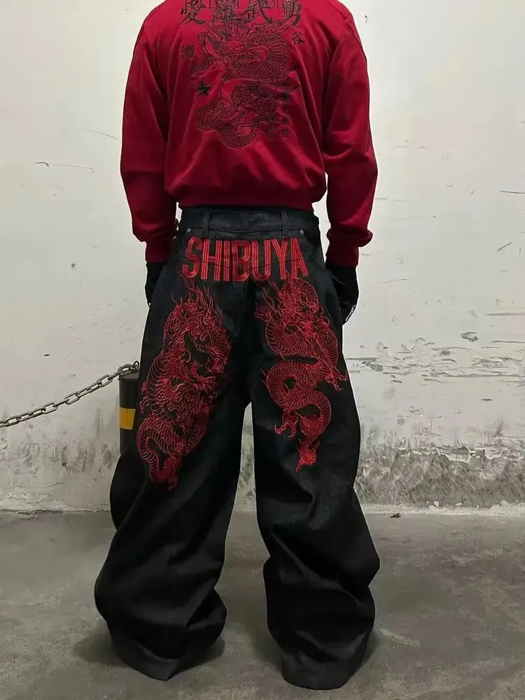 Quần jean hip-hop thêu hoa văn retro Mỹ phù hợp cho cả nam và nữ Y2K dạo phố mát mẻ quần ống rộng dài sàn — image 1