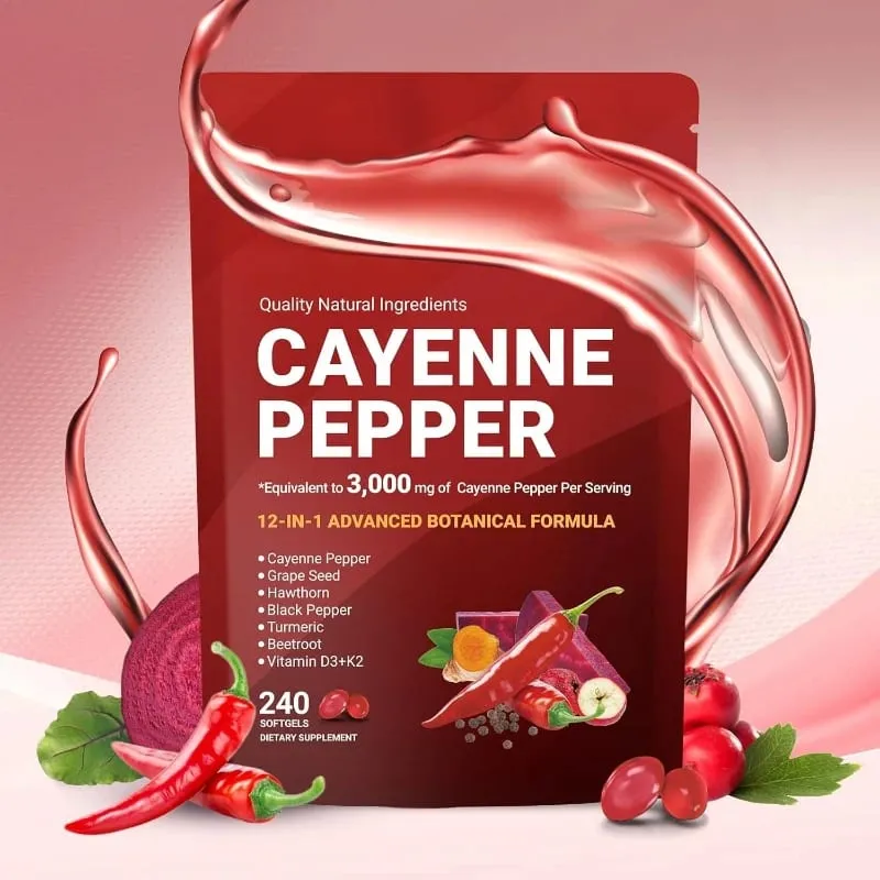 Softgels Lada Cayenne dengan Vitamin Kunyit Bit Biji Anggur D3 K2 E Suplemen Herba