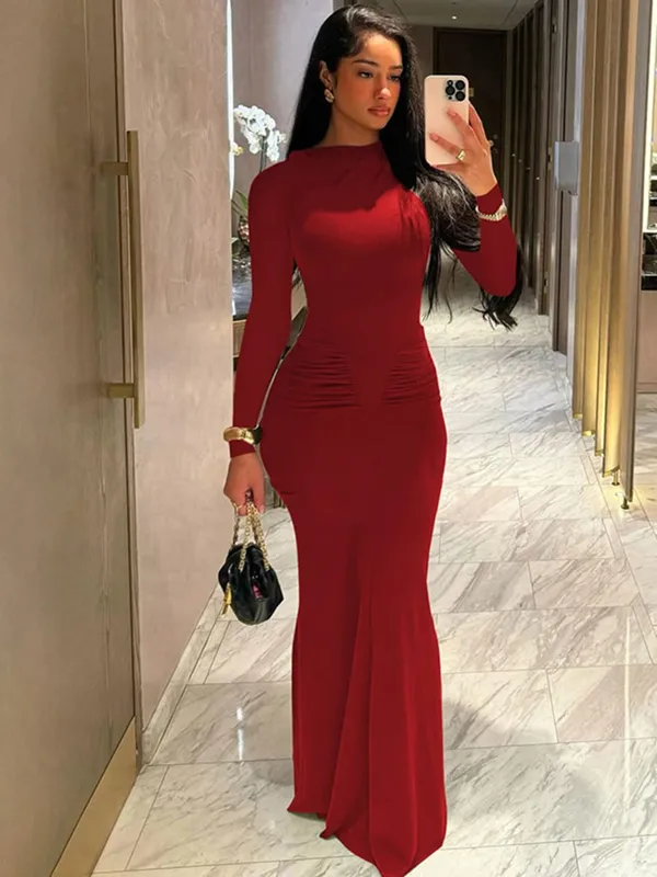 Hugcitar 가을 솔리드 긴 소매 Draped 섹시한 Bodycon 맥시 댄스 파티 드레스 여성 패션 Y2K 의상 저녁 파티 축제 클럽 — image 8