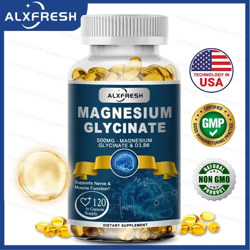 Originální doplněk Magnesium Glycinate 500 mg – vysoká absorpce pro spánkové svaly a klidnou podporu – D3 B6 Zinek