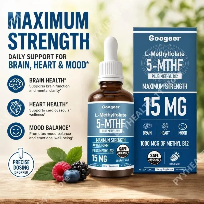 Googeer L-metilfolato 5-MTHF gocce liquide con metil B12 15 mg 1000 mcg Forza massima Cuore Cervello Supporto per l'umore 60 ml — image 1