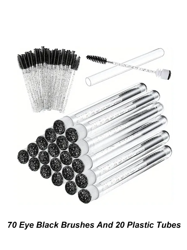 [70 pinceaux noirs pour les yeux et 20 Tubes en plastique] sourcils jetables en tige de cristal, brosse douce extrêmement fine, Portable et Flexible