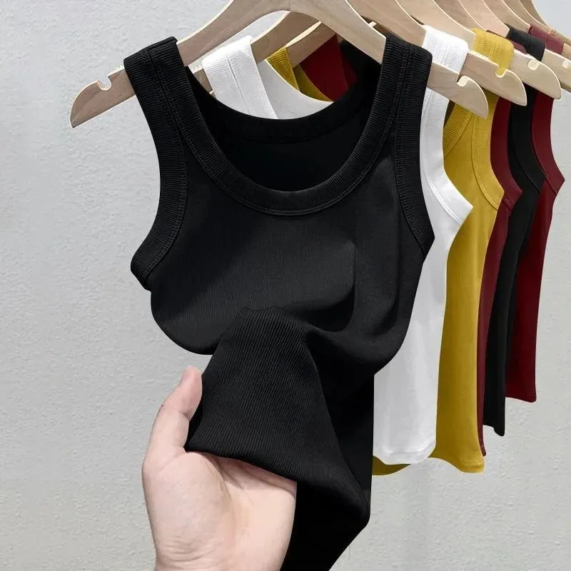 Nữ Chắc Chắn Cổ Tròn RibbedTop Yếm Mùa Hè Cơ Bản Co Giãn Spaghetti Dây Top Nhẹ Thoáng Mát Đế Áo Vest Không Tay