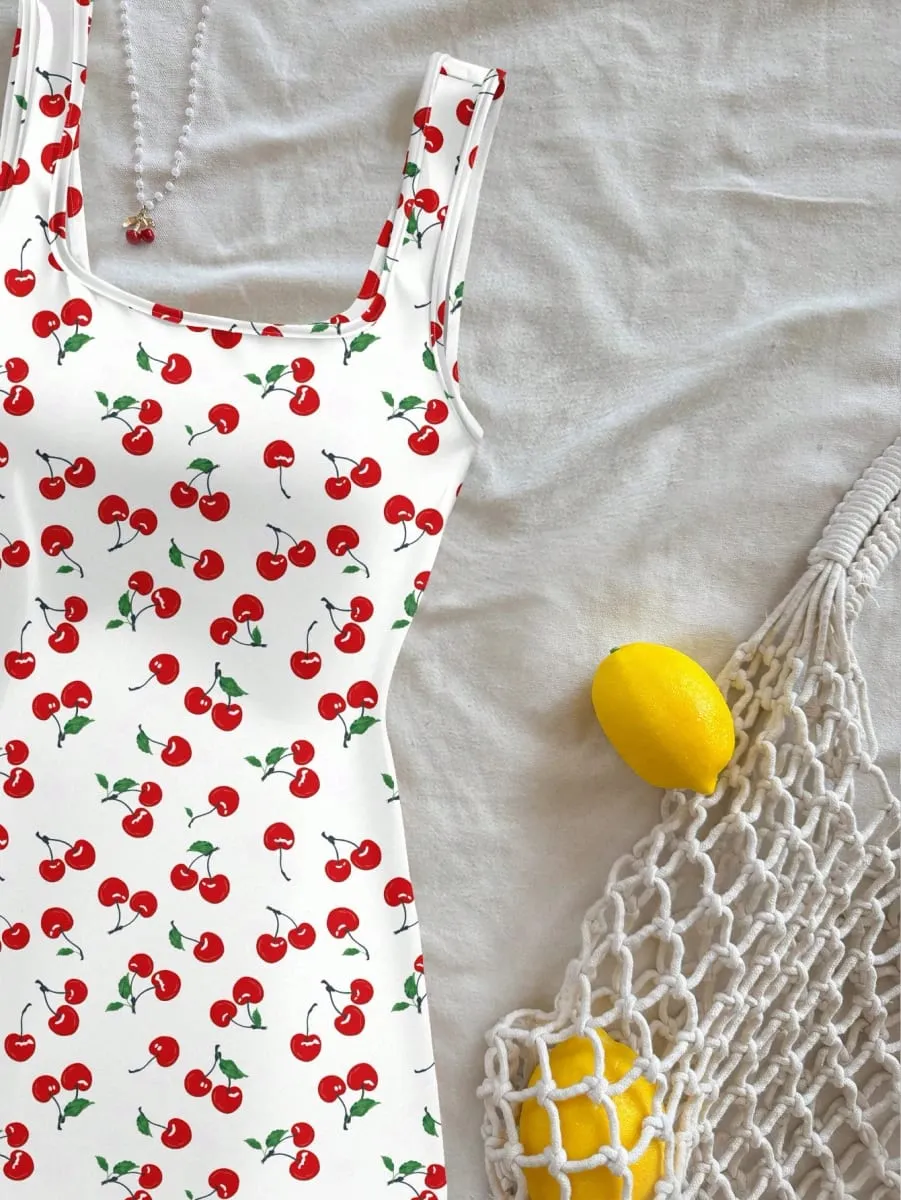 Mini abito da donna sexy stile vacanza con scollo a U, stampa ciliegia, aperto sul retro, con spacco laterale per la primavera/estate — image 4