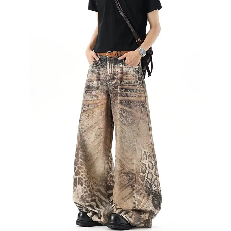 Jeans da uomo larghi stampati leopardati marroni lavati effetto streetwear Pantaloni lunghi in denim a gamba larga casual Estate Novità — image 5