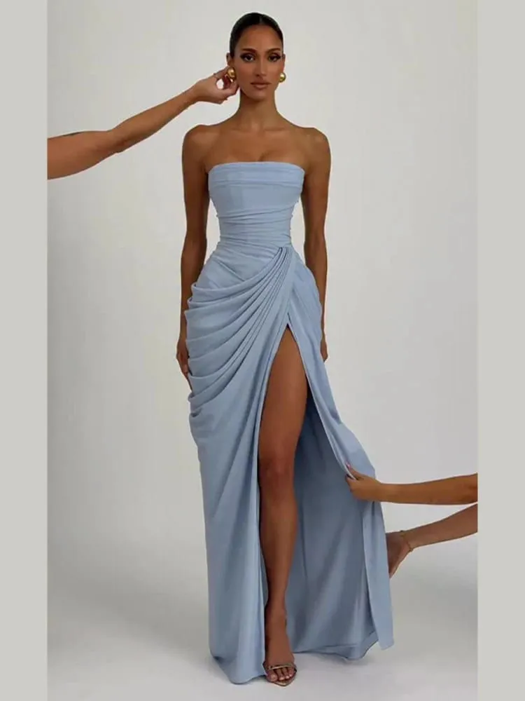 Seksi Pepejal Pleated Strapless Dress Wanita Chic Off-shoulder Backless High Waist Split Dresses Wanita 2026 Baharu Gaun Pesta Petang — image 7