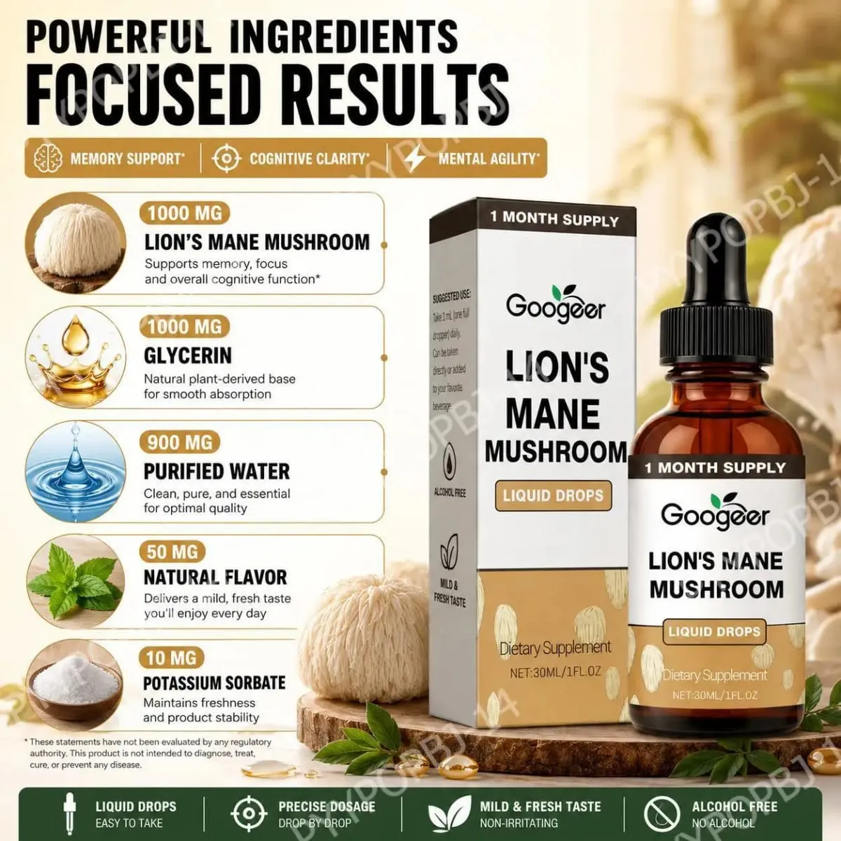 Googeer Lion's Mane Mushroom Liquid หยดหน่วยความจำและการสนับสนุนโฟกัสเพื่อความชัดเจนทางปัญญา ความคล่องตัวทางจิต ปราศจากแอลกอฮอล์ 30 ML — image 3