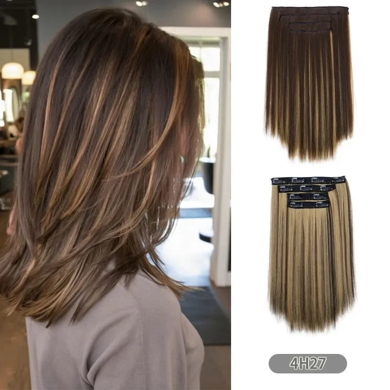 Extensions capillaires synthétiques à Clips 35CM, postiche courte et lisse, postiche Blonde noire, faux cheveux résistants à la chaleur, 4 pièces/ensemble