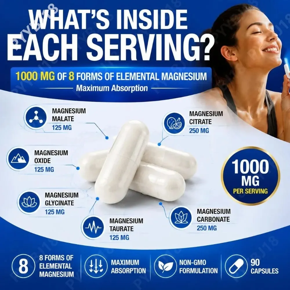 Viên nang phức hợp magiê với 8 dạng bổ sung khoáng chất magiê để hỗ trợ xương và cơ bắp & giấc ngủ ngon 90 viên