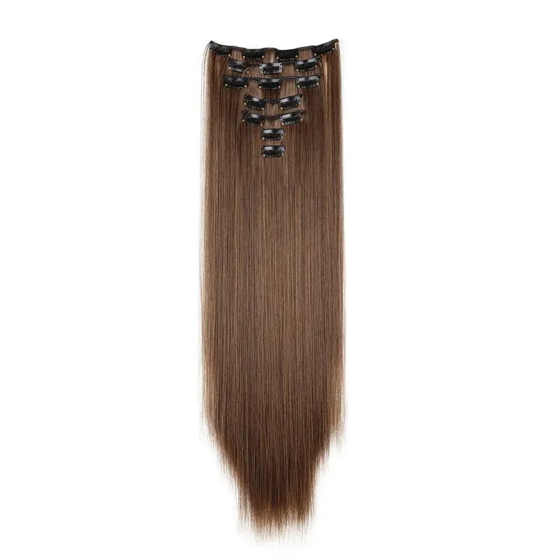 Coiffure longue droite 16 Clips 7 pièces/ensemble Extensions de cheveux postiches synthétiques blondes noires naturelles résistantes à la chaleur pour les femmes Kp — image 16