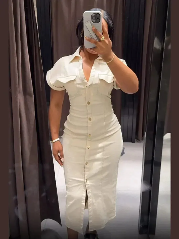 White Single Breasted Denim Dress Elegant Short Sleeve Lapel Bodycon Women's Dresses 2026 Summer Lady Chic Commute Street Robes — image 5