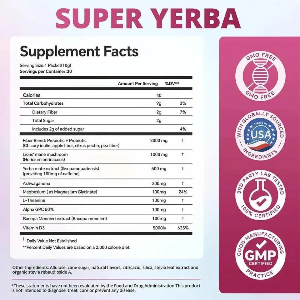 Super Yerba poudre de boisson instantanée 30 paquets avec de la vitamine probiotique Ashwagandha favorisent la santé intestinale de l'intestin et l'immunité de digestion — image 3