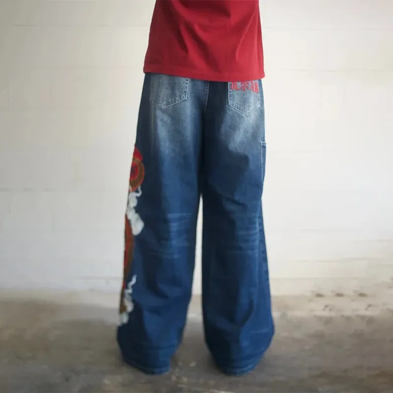 Ricamo Dragon Graffiti blu scuro jeans larghi larghi a gamba larga in difficoltà Y2K vita alta uomo donna vintage casual quotidiano streetwear — image 7