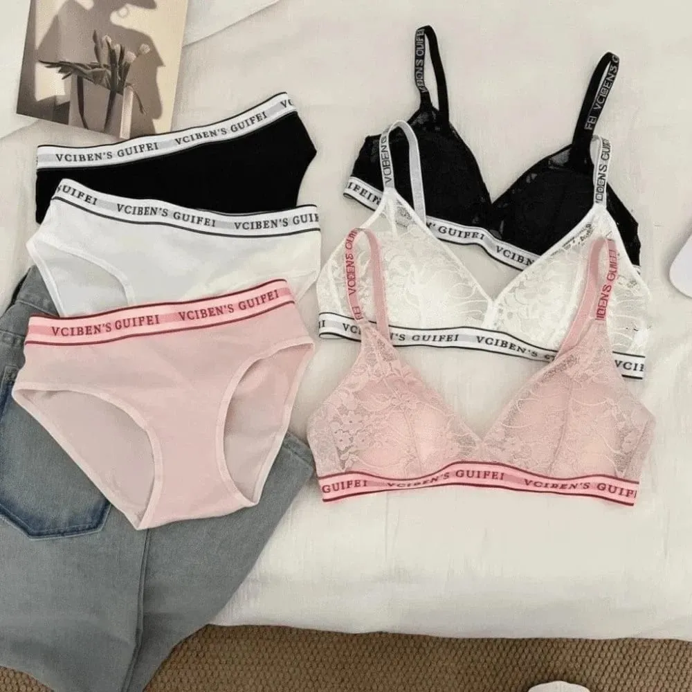 Comfortable Letter Design Lingerie Set Lace Wireless Women Underwear Suit Deep V Color Blocking Bra Panties Set Women — image 2