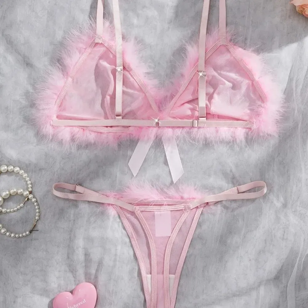 Sous-vêtements en fourrure pour femmes, ensemble de Lingerie en maille transparente sans fil, décor de nœud, soutien-gorge intime romantique, culotte, costume pour la saint-valentin — image 6
