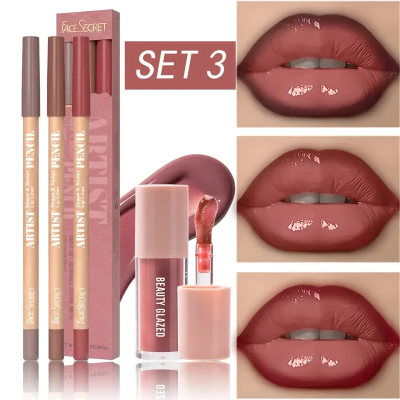 4 Buah Set Lip Liner & Lip Gloss Kit Rias Bibir Harian Halus Tahan Air Tahan Lama Tahan Noda — image 9