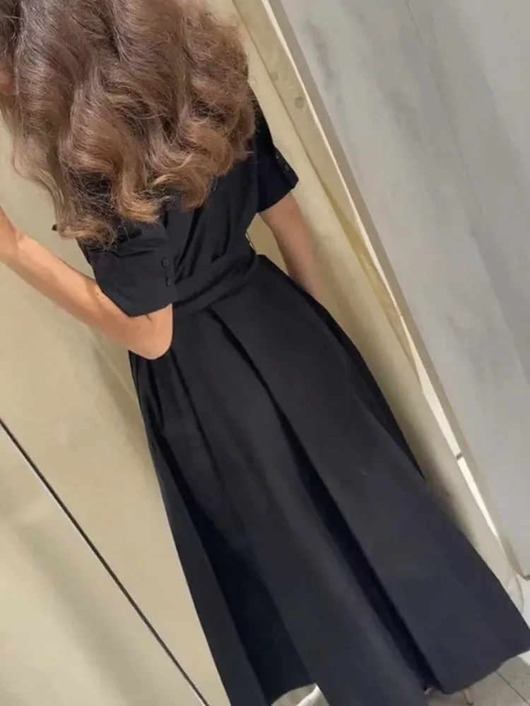 Chic sólido manga curta lapela vestido longo para mulheres elegante único breasted cintura maxi vestido senhora férias noite vestidos de festa — image 5