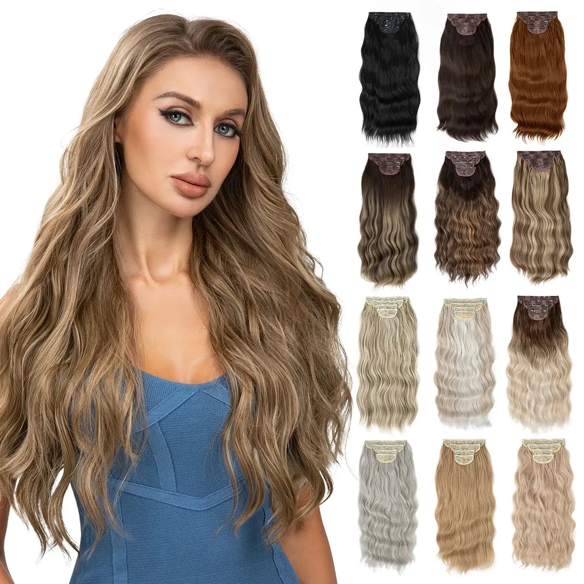 Synthetic 22" Long Wavy Clip In Hair Extensions 4Pcs/Set Thick Hairpiece For Women Brown Blonde Black Natural Fake Hair Pieces